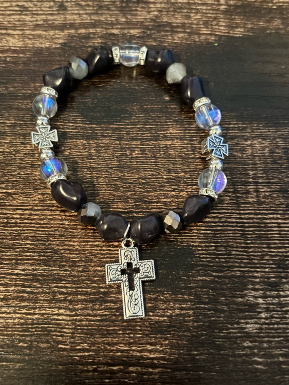 Silver Tone Cross Charm Black Beaded Stretch Bracelet - Women